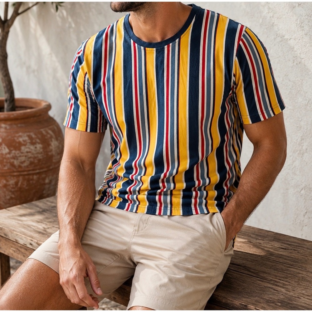 Forever 21‎ Mens Vertical Stripe T-Shirt Yellow Navy Blue Red Cotton Tee